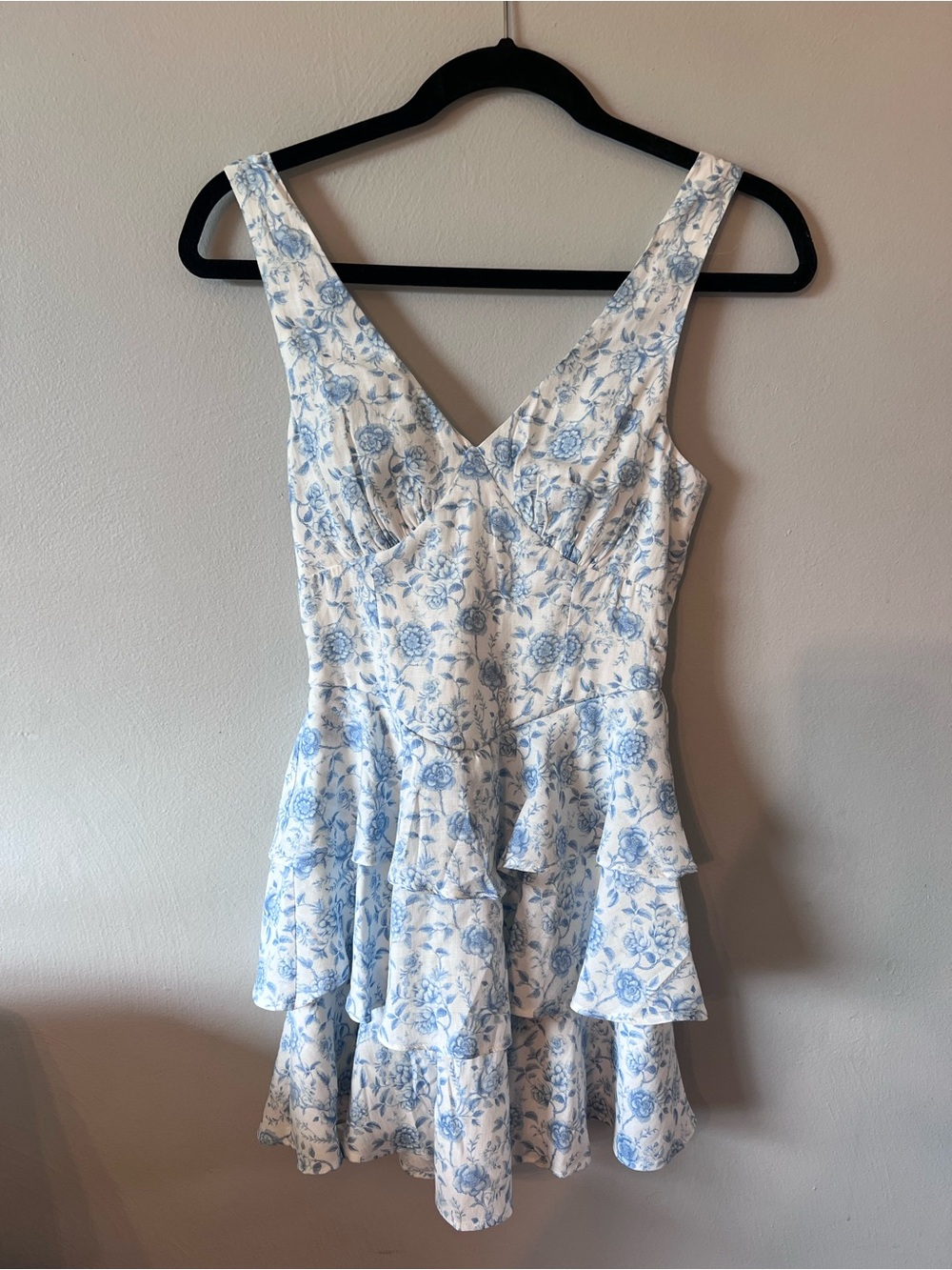 Altar'd State White and Light Blue Floral Tiered V-Neck Mini Dress